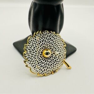 Monet Gold Tone Floral Brooch | White Enamel Flower Pin Vintage Designer Jewelry